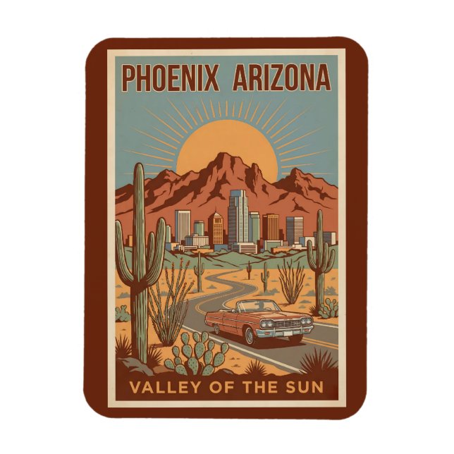 Imán Phoenix Arizona Sun Illustration Travel Art Retro (Vertical)