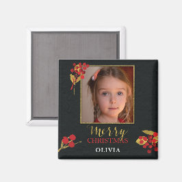 Imán Photo Customizable Christmas Card, Black Gold Red