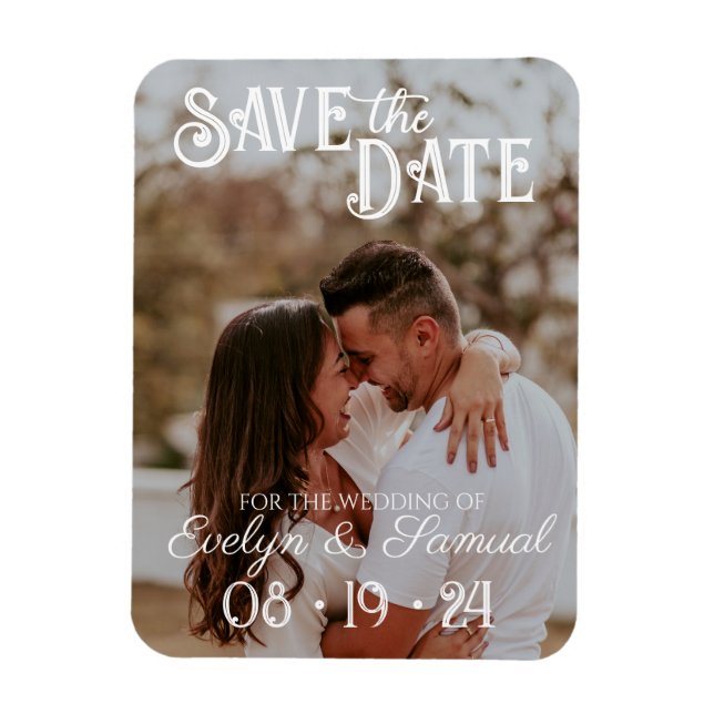 Imán Photo Save the Date Magnet with White Text (Vertical)