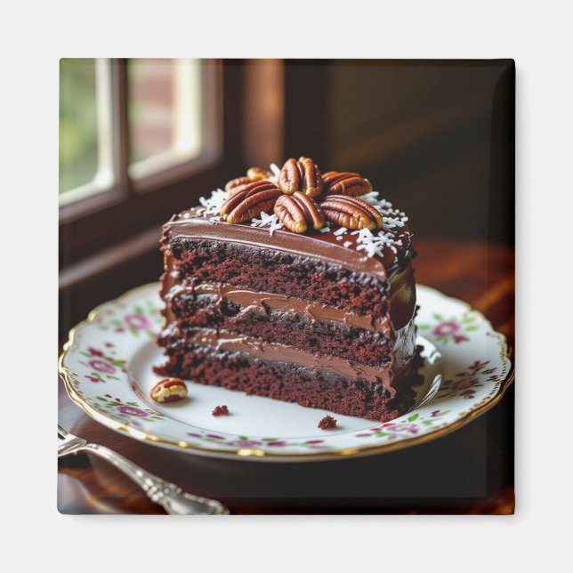 Imán Piece of Chocolate Cake on a Fancy Plate (Frente)