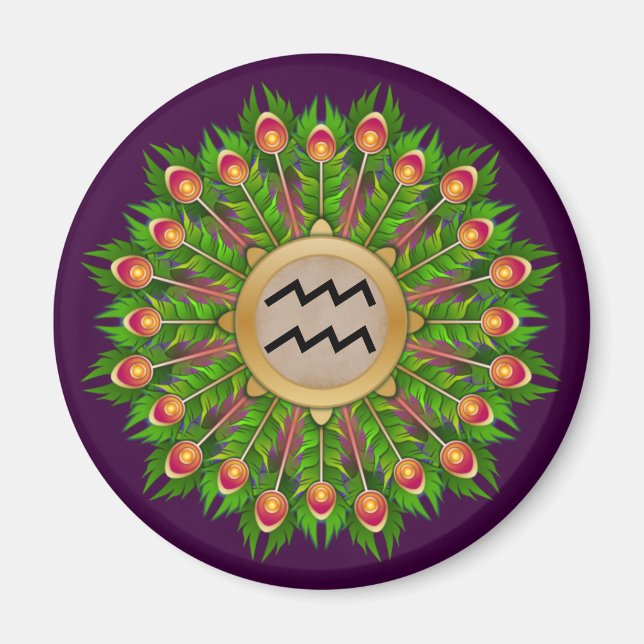 Imán Pieza de pavo real Wreath Zodiac Rótulo Aquarius (Frente)