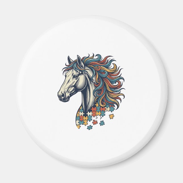 Imán Pieza de rompecabezas de caballo colorido grabado  (Frente)