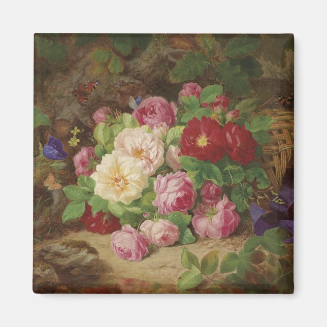 Imán Pieza Rosa en el suelo forestal con mariposas (Frente)