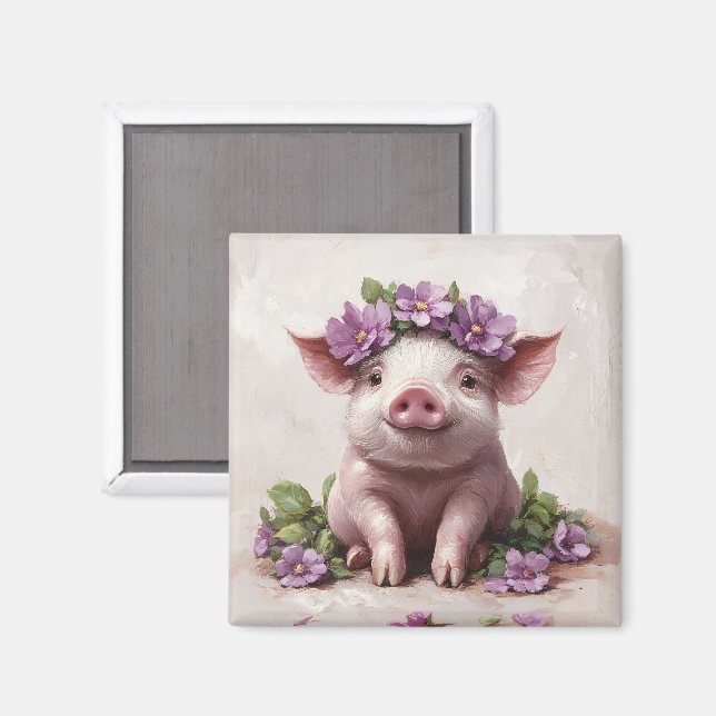 Imán Piglet en una corona de flores moradas (Anverso/Reverso)