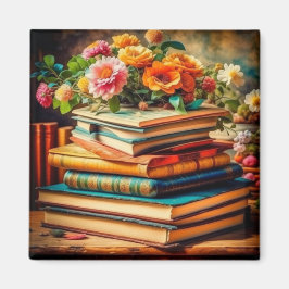 Imán Pile antiguo de libros y flores de época