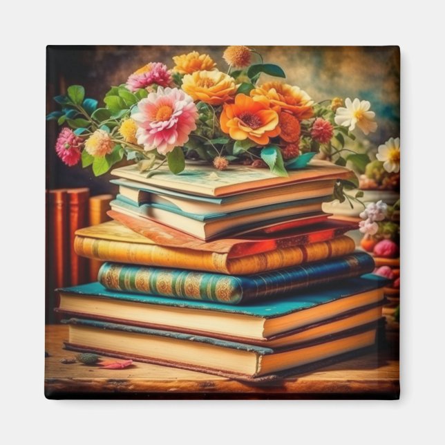 Imán Pile antiguo de libros y flores de época (Frente)