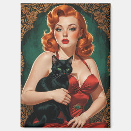 Imán Pin-Up de la cabeza roja y gato negro
