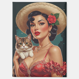 Imán Pin-Up mexicano sosteniendo un gato lindo