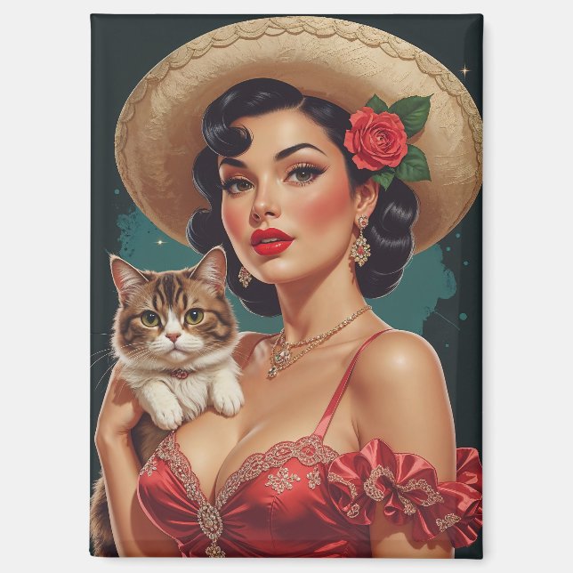Imán Pin-Up mexicano sosteniendo un gato lindo (Anverso)
