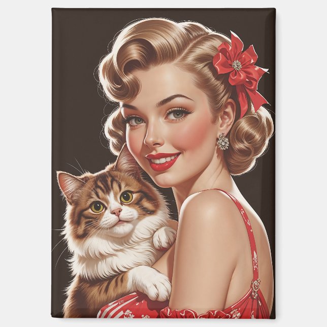 Imán Pin-Up sonriente con retrato de gato (Anverso)