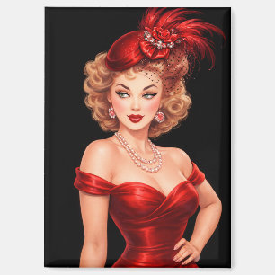 Imán Pin-Up Vintage Glamurosa con Sombrero Rojo y Vesti