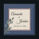 Imán Pine Blue Winter Wedding Magnet<br><div class="desc">This Pine Blue Winter wedding magnet combines a classy, formal dusty blue framed border with elegant, evergreen pine tree boughs for a classic, yet rustic look. The botanical greenery foliage with calligraphy type over a beige background creates a nature focused vibe for a Christmas or forest destination marriage celebration. This...</div>