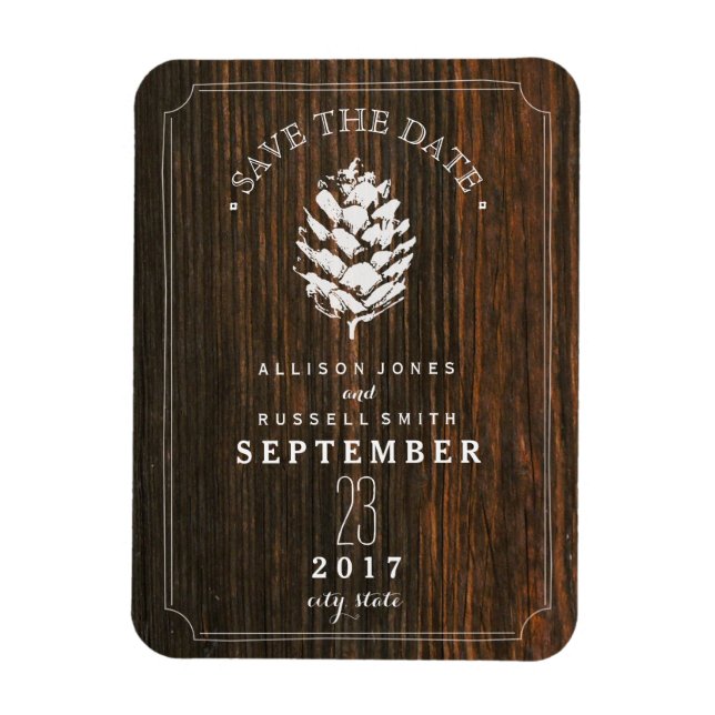 Imán Pinecone Barn Wood Save the Date (Vertical)