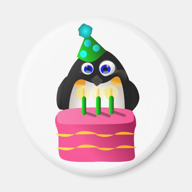 Imán Pingüino De Cumpleaños Con Pastel (Frente)