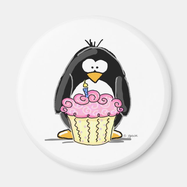 Imán Pingüino de cumpleaños con torta (Frente)