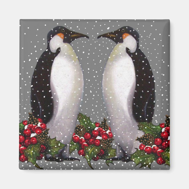 Imán Pingüinos navidades en Nieve, Holly: Arte (Frente)