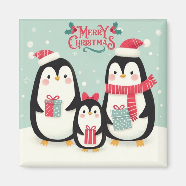 Imán Pingüinos nevados de Feliz Navidad (Frente)