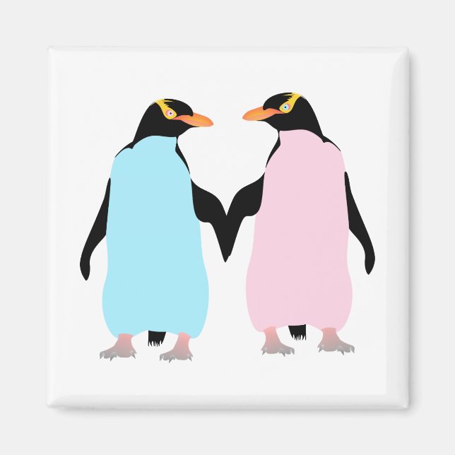 Imán Pingüinos rosas y azules tomados de la mano. (Frente)