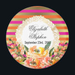 Imán Pink and Gold Metallic Stripes w/ Florals Wedding<br><div class="desc">A fancy magnet for your wedding with an elegant pattern composed of pink,  orange and faux gold metallic horizontal stripes. Layered over top is a frame with a gold decorative border with a white center. Pink and orange watercolor flowers decorate the bottom.</div>