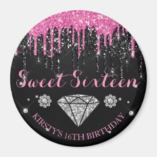 Imán Pink & Black Glitter Drip Cumple Dulces Dieciséis
