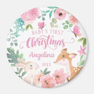 Imán Pink Blush Floral Woodland Baby's 1st Christmas