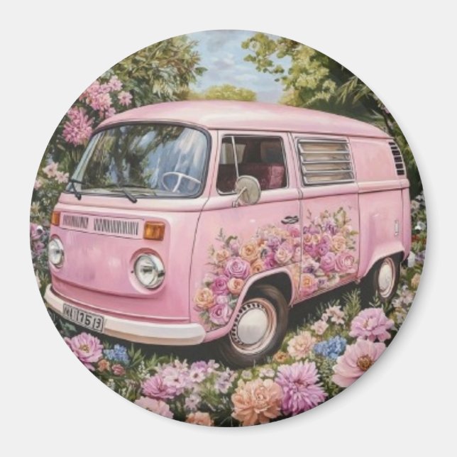 Imán Pink Bus Beach Wall Art, Retro Van Print Californa (Frente)