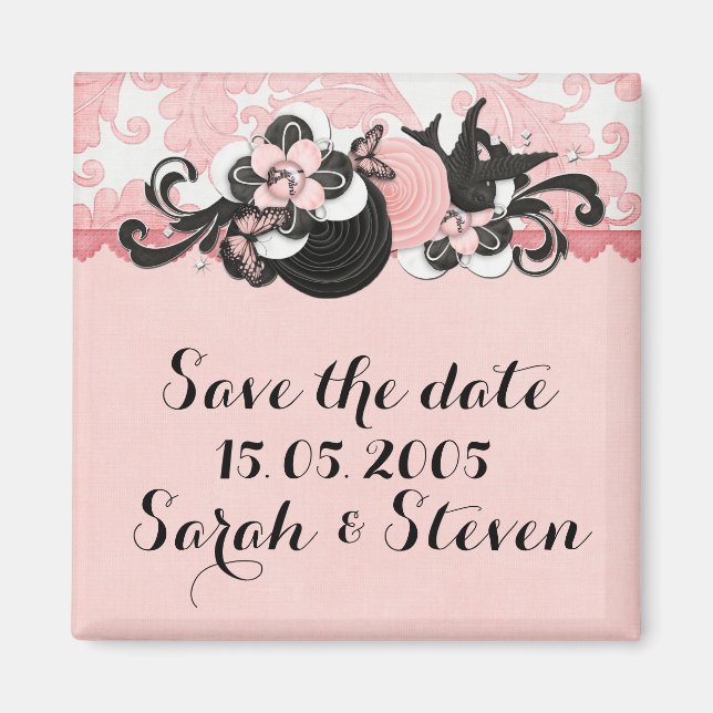 Imán Pink Damask Love Bird Guardar fecha (Frente)