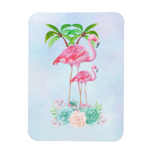 Imán Pink Flamingo Momma & Baby with Palm Trete