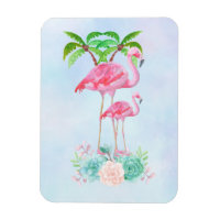 Pink Flamingo Momma & Baby with Palm Trete