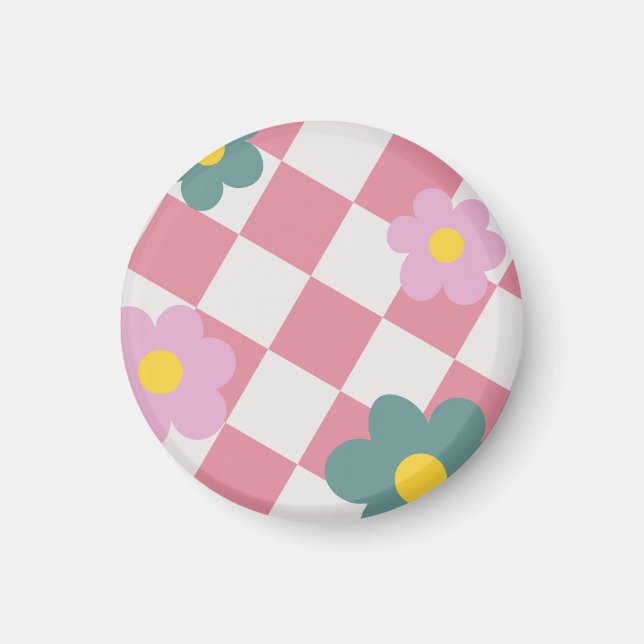 Imán Pink Gingham Floral Pattern – Retro Cute Flower  (Frente)