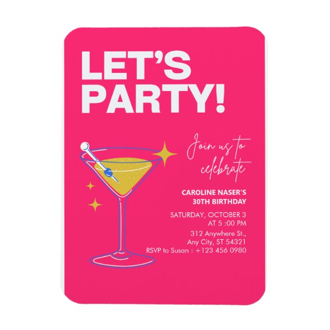 Imán Pink Girly Party Modern 30th Birthday Invitation   (Vertical)