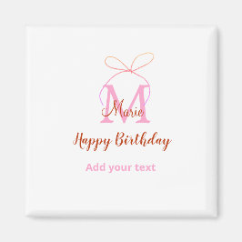 Imán Pink glitter bow add name letter monogram birthday