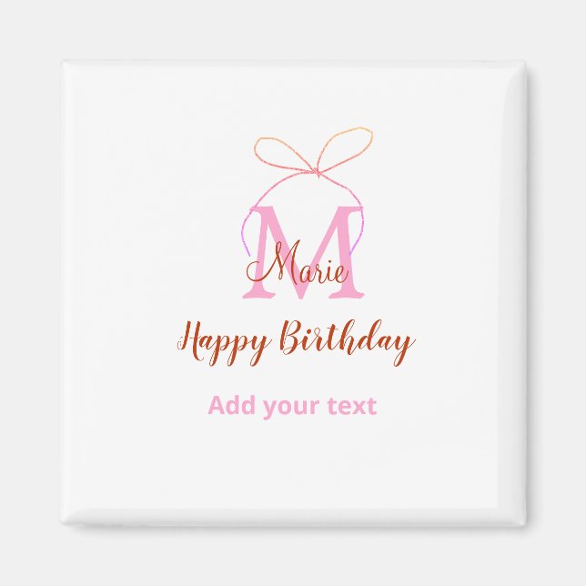 Imán Pink glitter bow add name letter monogram birthday (Frente)