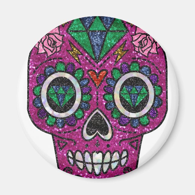 Imán pink glitter sugar skull (Frente)