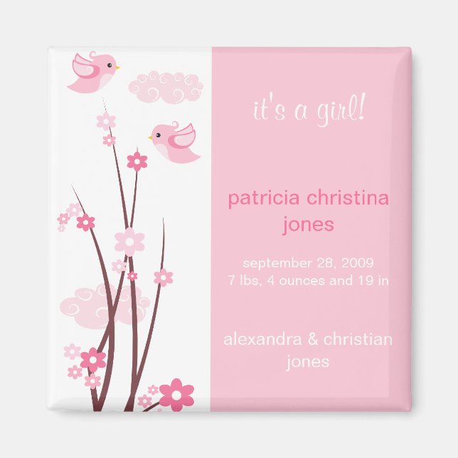 Imán Pink Love Birds Spring Flowers Baby Invitación (Frente)