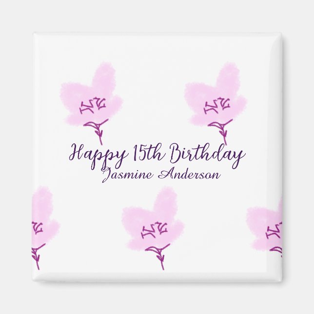 Imán Pink mauve floral 15th birthday quinceanera name d (Frente)