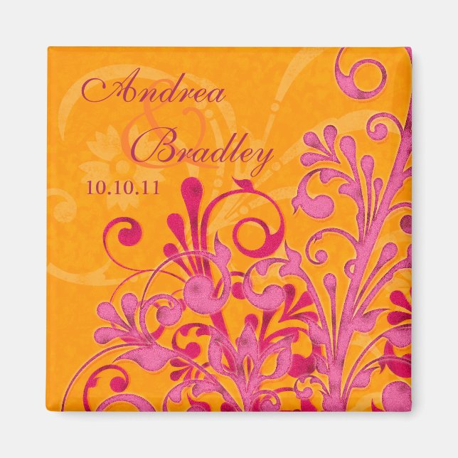 Imán Pink & Orange Abstract Floral Wedding Magnet (Frente)