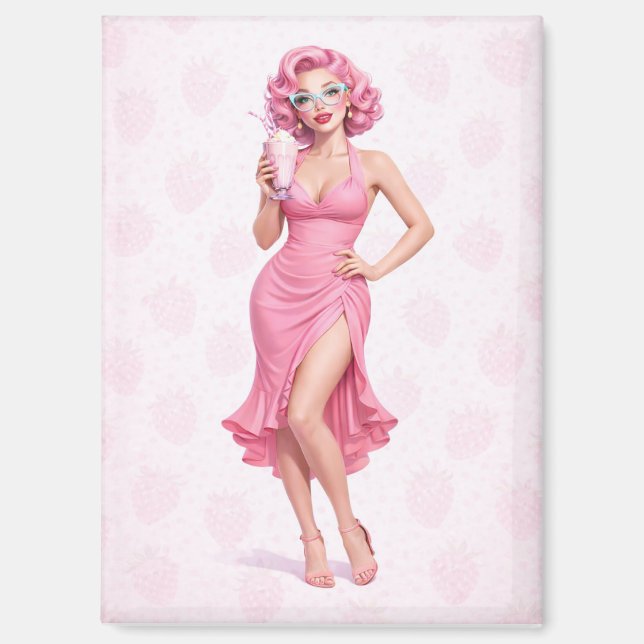 Imán Pink Retro Milkshake Pin-Up Girl Strawberry Magnet (Anverso)