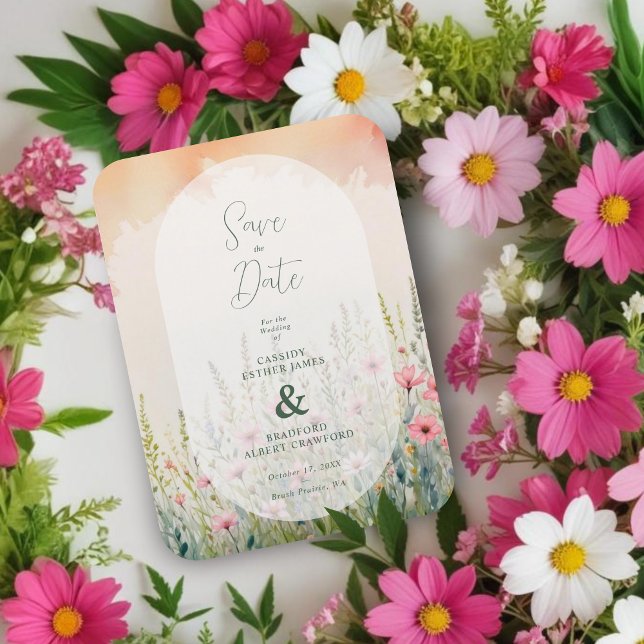 Imán Pink Shades Delicate Romantic Wildflowers Field (Pink Delicate Romantic Wildflowers Field Wedding Save the Dates Magnets.)