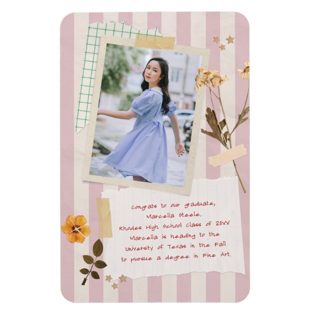 Imán Pink Stripes Scrapbook Style Graduation Photo (Vertical)