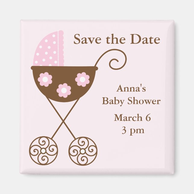 Imán Pink Stroller Baby Shower Guardar la fecha (Frente)