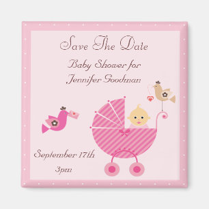 Imán Pink Stroller & Birds Guardan La Fecha Baby Shower