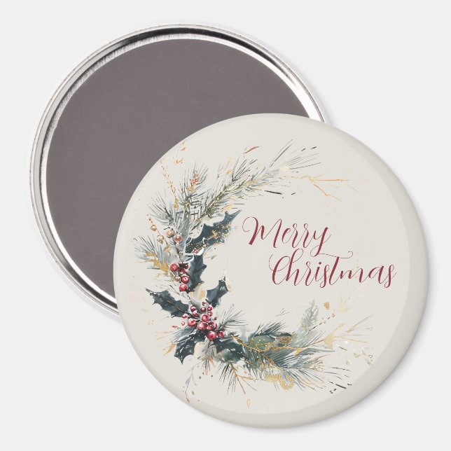 Imán Pino elegante y corona holly con acentos dorados (Anverso/Reverso)