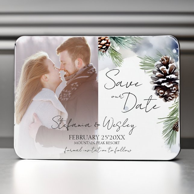 Imán Pinos nevados de acuarela de invierno foto guardar (Winter watercolor snowy pines photo save the date magnet winter themed wedding save the date )