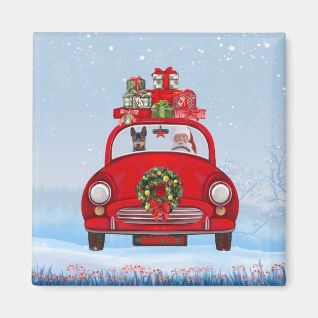 Imán Pinscher Miniatura Perro En Coche Con Papá Noel  (Frente)