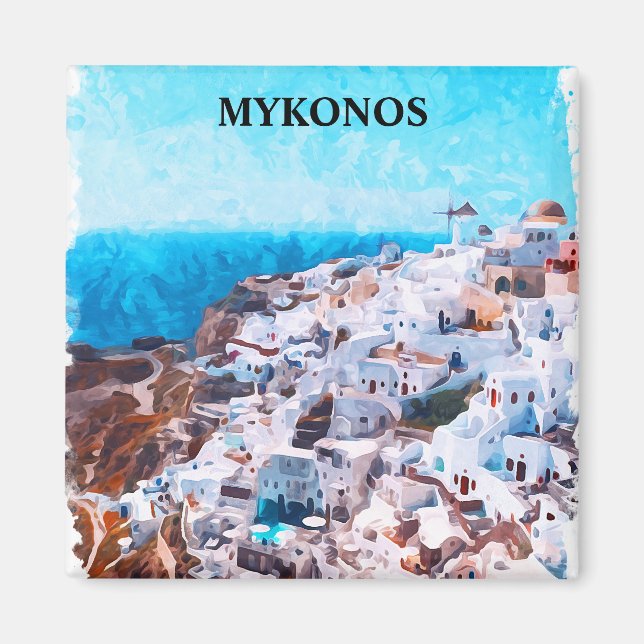 Imán Pintado de acuarela de Mykonos Grecia (Frente)