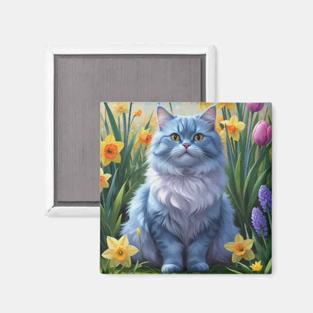 Imán Pintado de flores de primavera de gato azul orient (Anverso/Reverso)