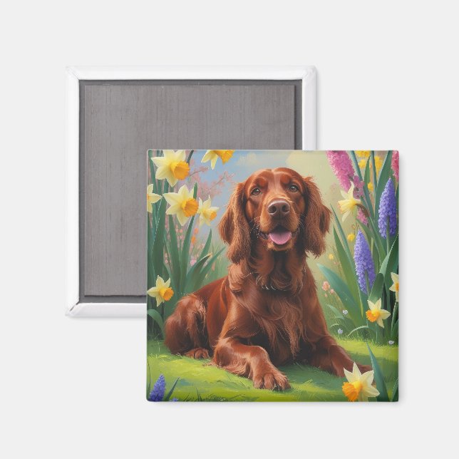 Imán Pintado de flores de primavera de perro rojo irlan (Anverso/Reverso)