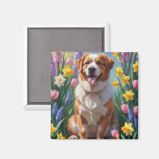 Imán Pintado de las flores de primavera de los perros d (Anverso/Reverso)