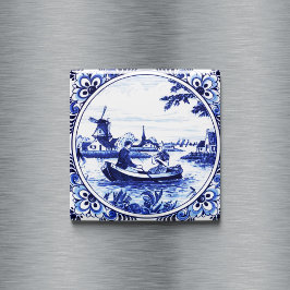 Imán Pintado de travesía en barco romántico azul Delft